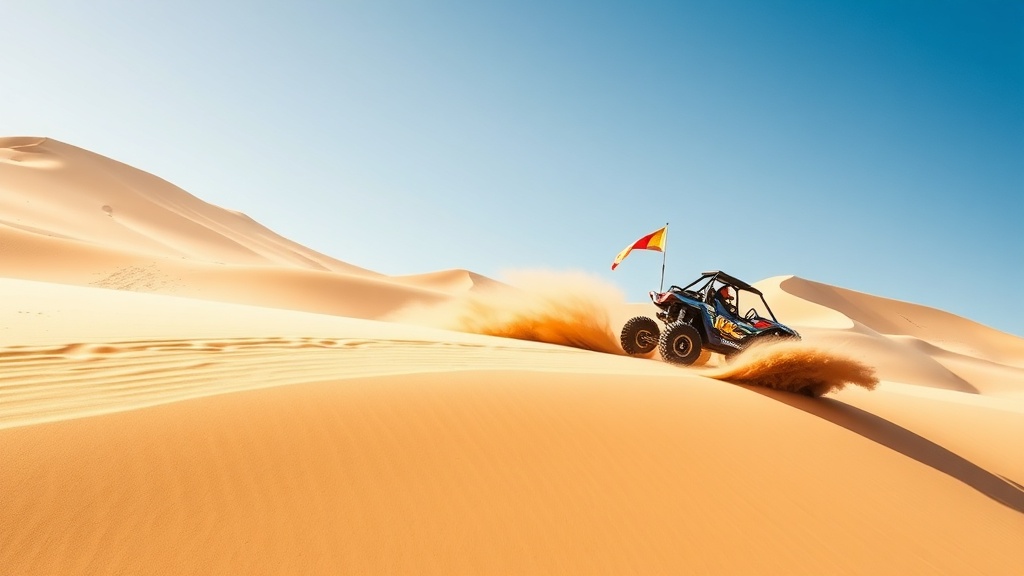 Sand rail dune buggy racing over desert sand dunes